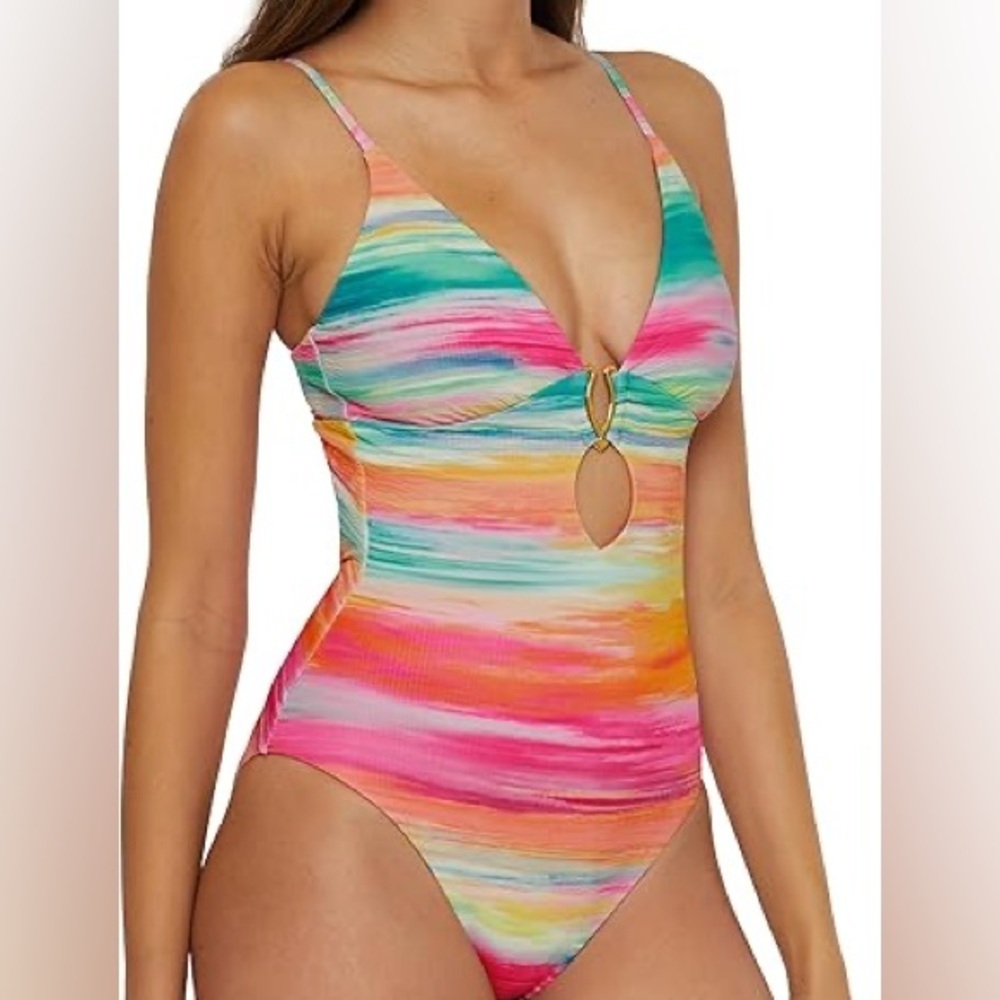 BECCA Women's Verano One Piece Swimsuit, Plunge Neck, Bathing Suits Medium - Picture 6 of 12
